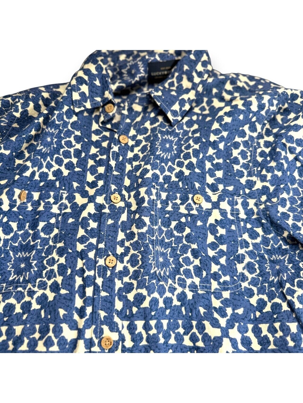 π Lucky Brand Blue Floral Hawaiian Short Sleeve Shirt Small - Picture 7 of 9